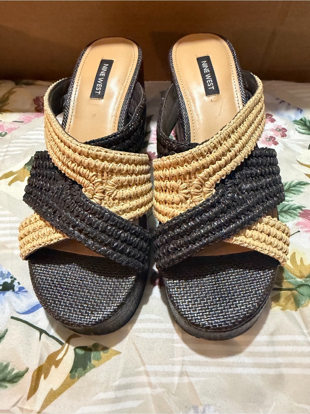 Nine West Black and Tan Braided Slide Mules
